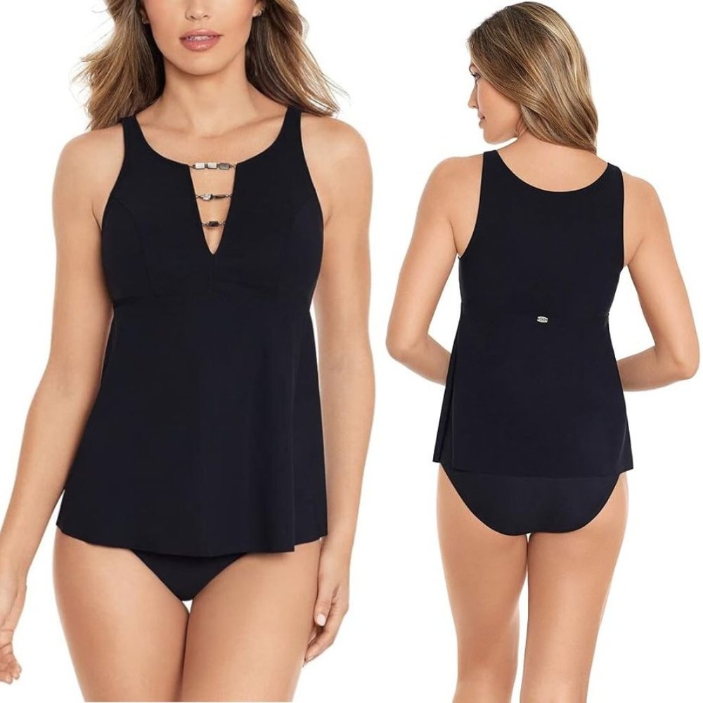 Amoressa by MIRACLESUIT Northern Lights Nova TANKINI TOP Size 8 Black NEW $142